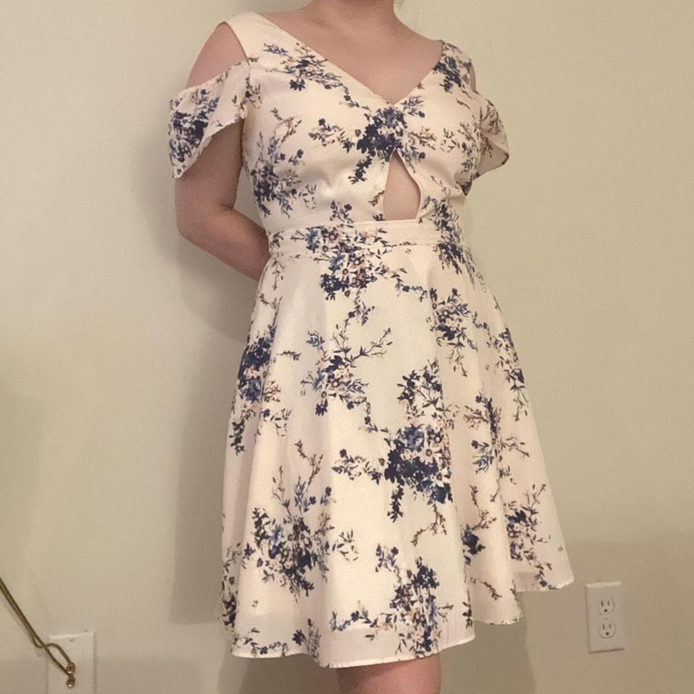 Floral Off-Shoulder Dress in Cream and Blue
